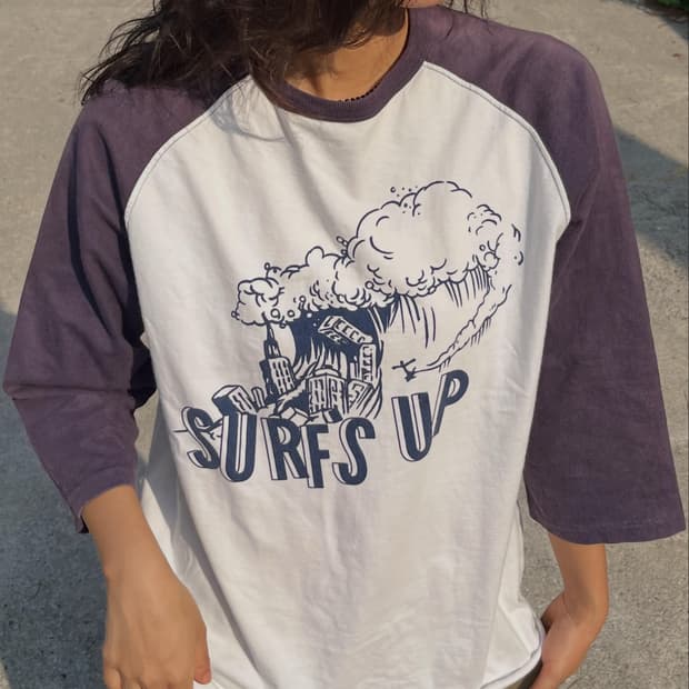 더 리얼 맥코이 SURF’S UP 페이디드 7부 레글런 티셔츠 