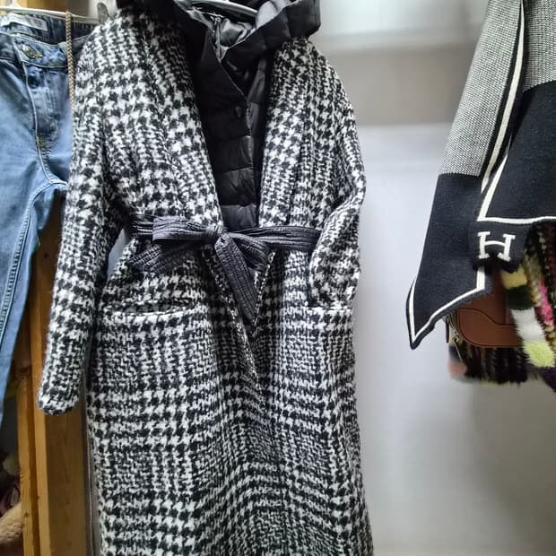 블루밍 울알파카  하운드투스 체크코트.패딩 후드 롱 베스트