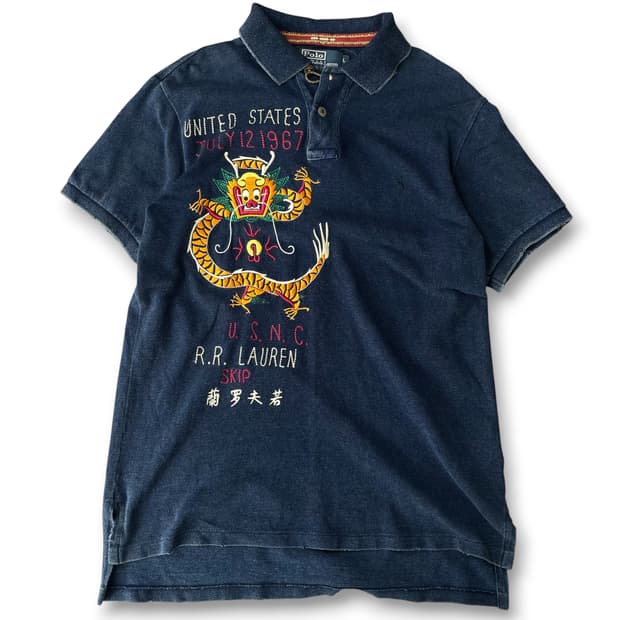 폴로랄프로렌 90s 빈티지 드래곤 자수 인디고 카라티 L