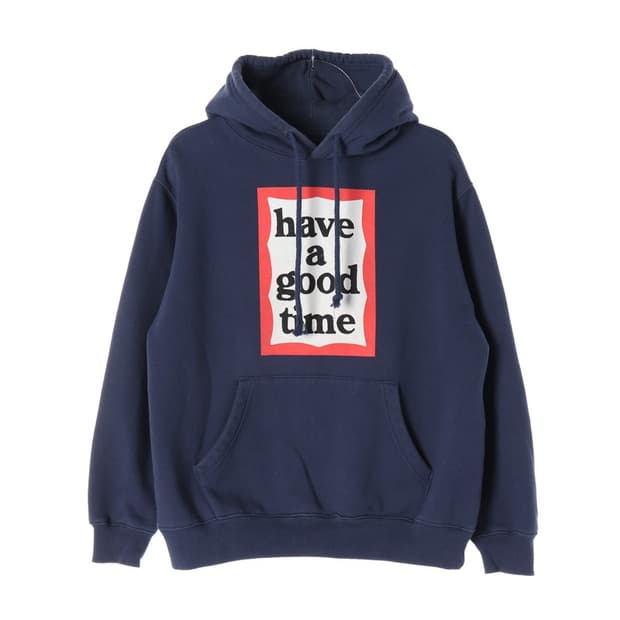 해브어굿타임 네이비 박스로고 후드티 S