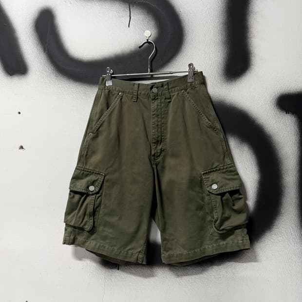 90-00s 칼하트 재팬 오리지널 레더탭 워크 와이드 카고 쇼츠 팬츠