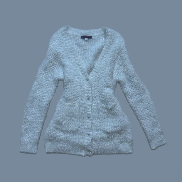 폭닥 히메갸루 일브 크리스탈 단추 / 헤어리 모헤어 브이넥 가디건