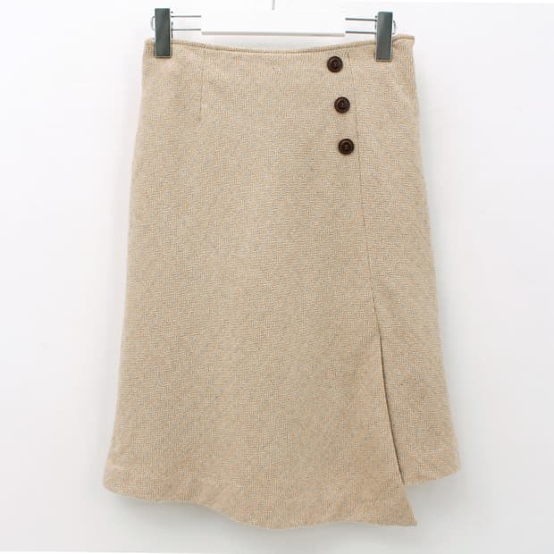 일본 빈티지 울 헤링본 버튼 베이지 언발란스 슬릿 트임 미디 에이라인 스