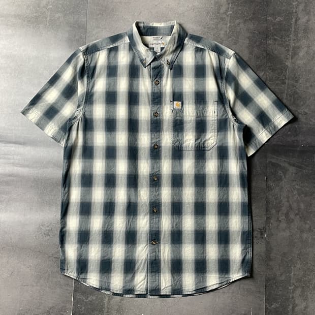 CARHARTT 칼하트 블루 체크 다운버튼 반팔 워크 셔츠 A00989