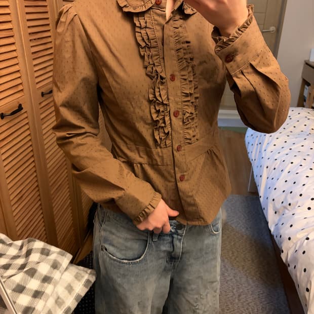 브라운 러플 셔츠 프릴 블라우스