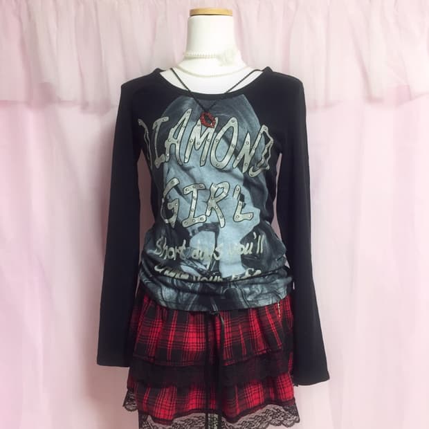 빈티지 펑크 캐캐체깔 레드체크 체인 스커트