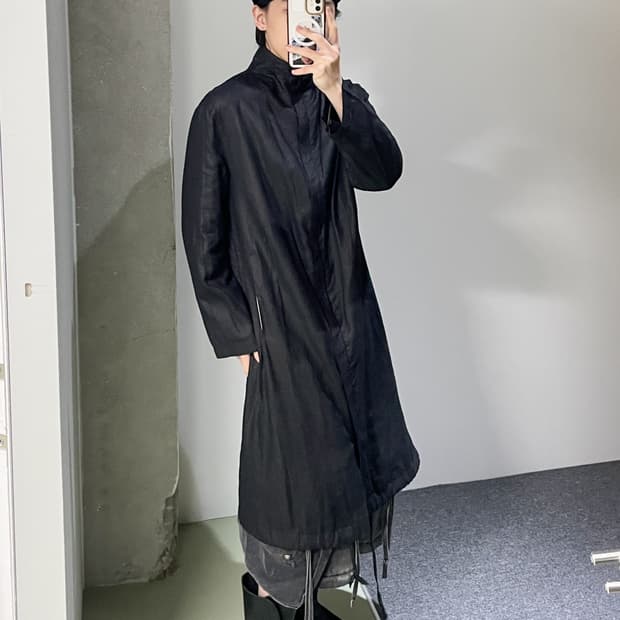 DKNY 블랙 리넨 롱 집업 자켓