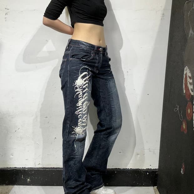 일본 빈티지 진청 디트로이트 워싱 레터링 데님 팬츠 와투케 청바지 S