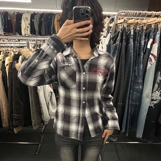 M) 노턴 모터사이클 UK 자수 셔츠 체크 패턴