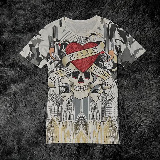 Ed Hardy 스컬 하트 고딕 프린팅 큐빅 반팔 티셔츠