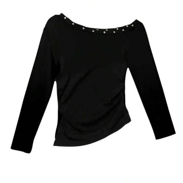 블랙 오프숄더 롱슬리브 티셔츠 언발 긴팔 탑