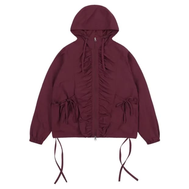 팬시클럽 리본 셔링 바람막이 버건디