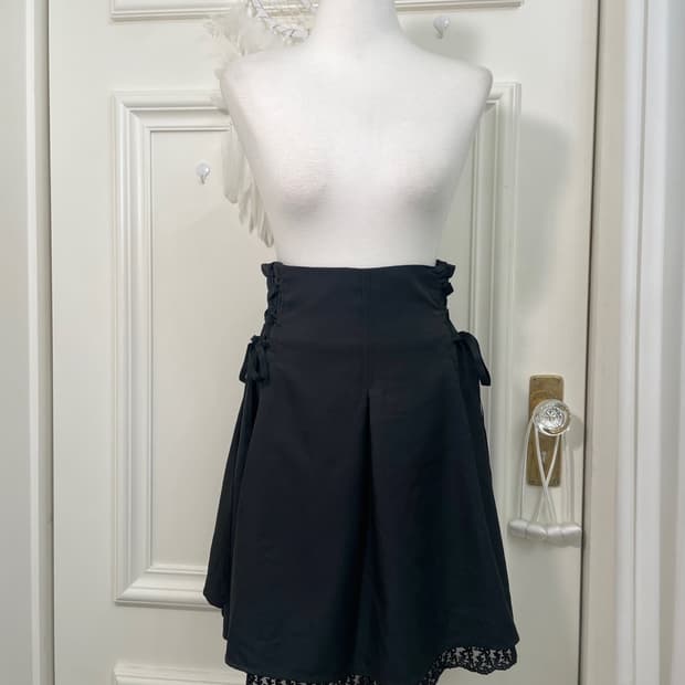 black side lace-up under lace midi skirt