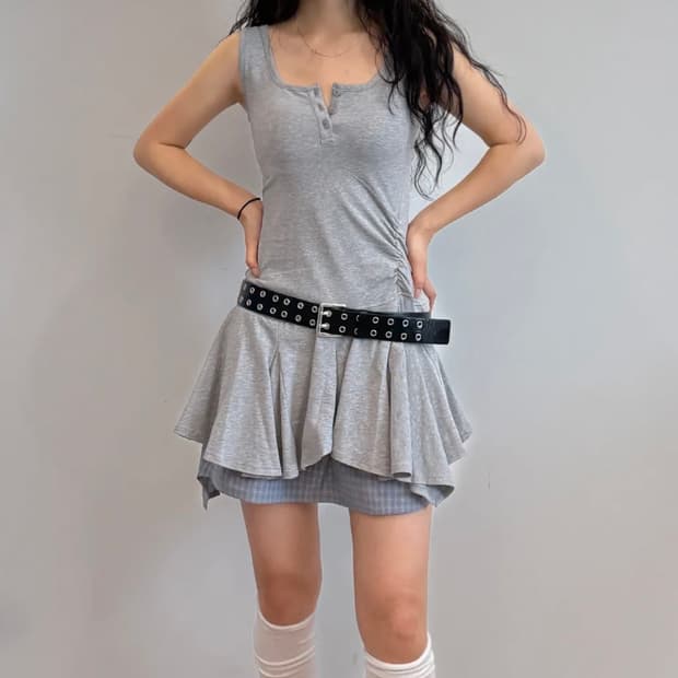 엘씨디씨티엠 프릴 슬리브리스 원피스 그레이