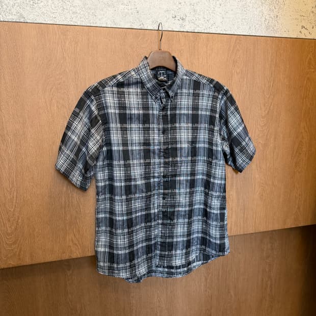 빈티지 반팔 셔츠 멀티 체크 패턴 디테일 레귤러핏 블랙 그레이