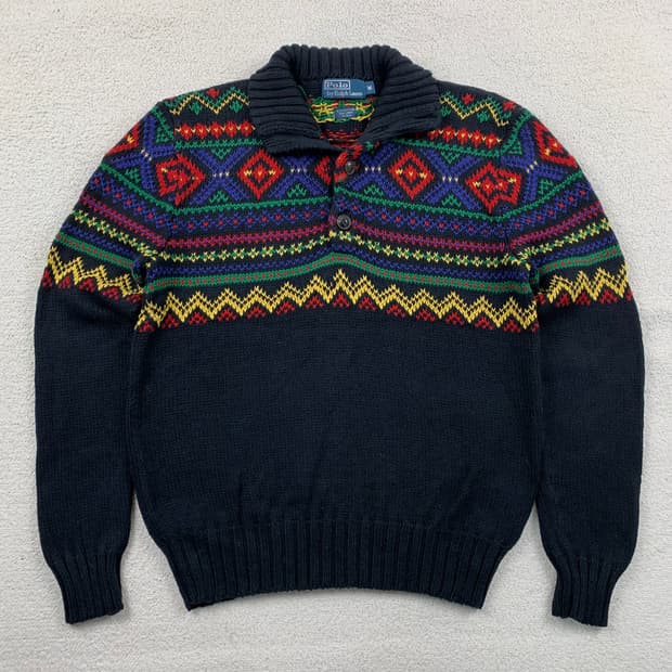 폴로 랄프로렌 에스닉 패턴 모크넥 니트 블랙