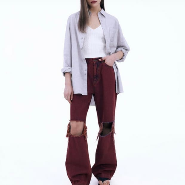 스컬프터 디스트로이드 와이드 데님 팬츠 레드 S