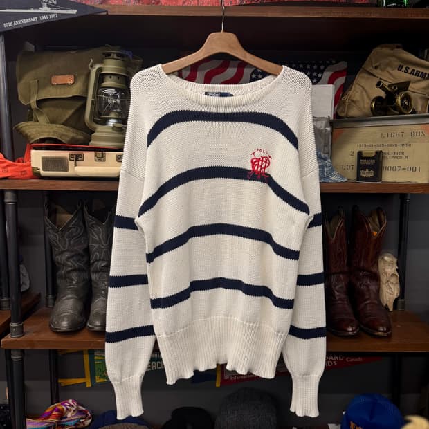 90s 폴로 랄프로렌 스틱 로고 스트라이프 프레피 헤비 니트 N232