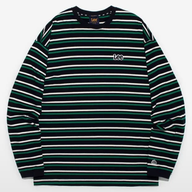 체인자수 로고 스트라이프 긴팔 티셔츠 네이비