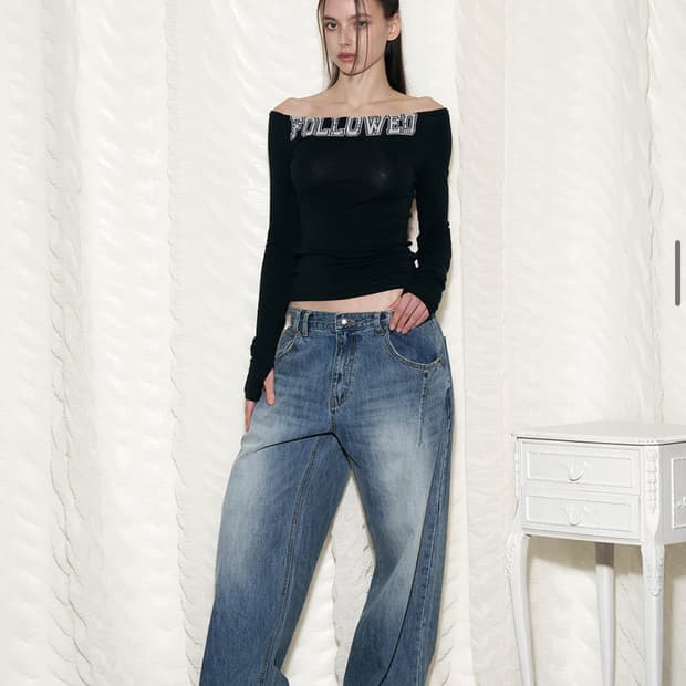 플리즈노팔로우 데님 M 25Damaged Washing Wide Deni