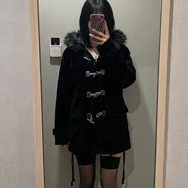 갸루 펑크 블랙 버클 디테일 퍼 벨벳 자켓