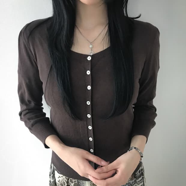Square Neck Slim Cardigan(Brown)