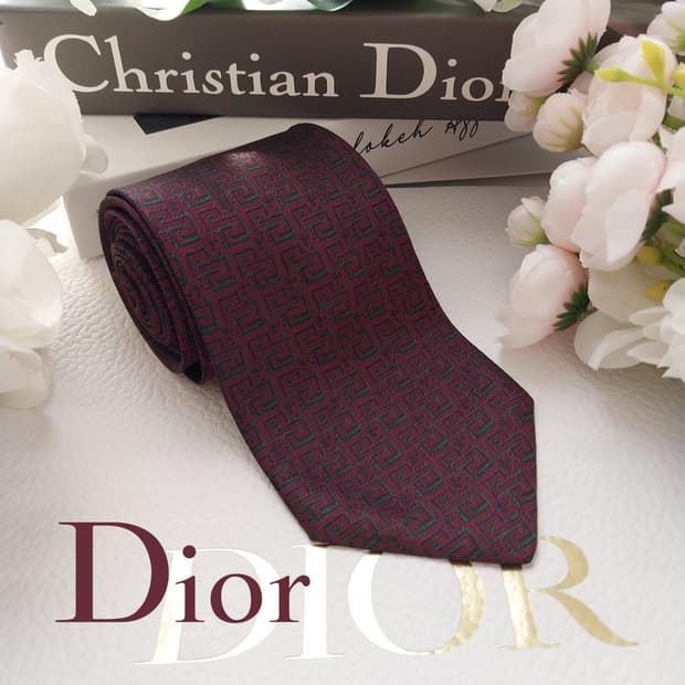 크리스찬 디올 실크 와인 기하 패턴 넥타이 8.4cm A등급 K1849
