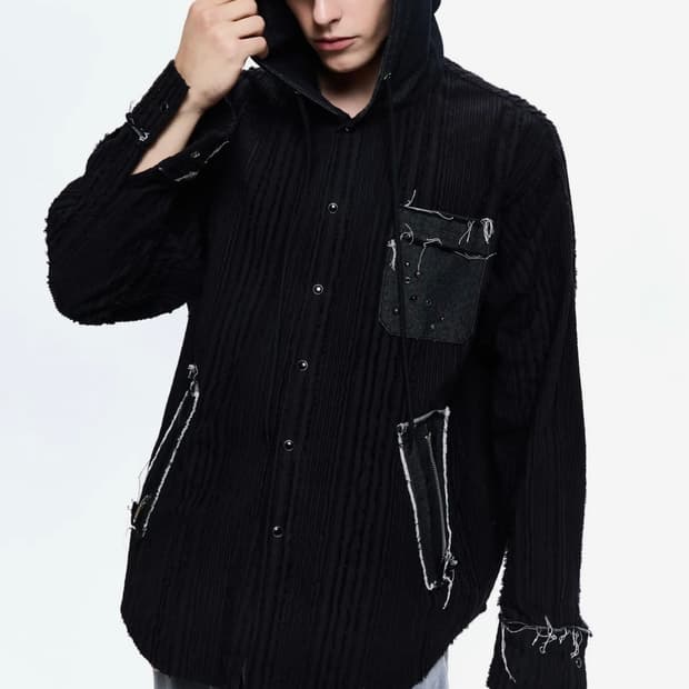 DENIM MIXED TRIMMING JACQUARD HOOD SHIRT