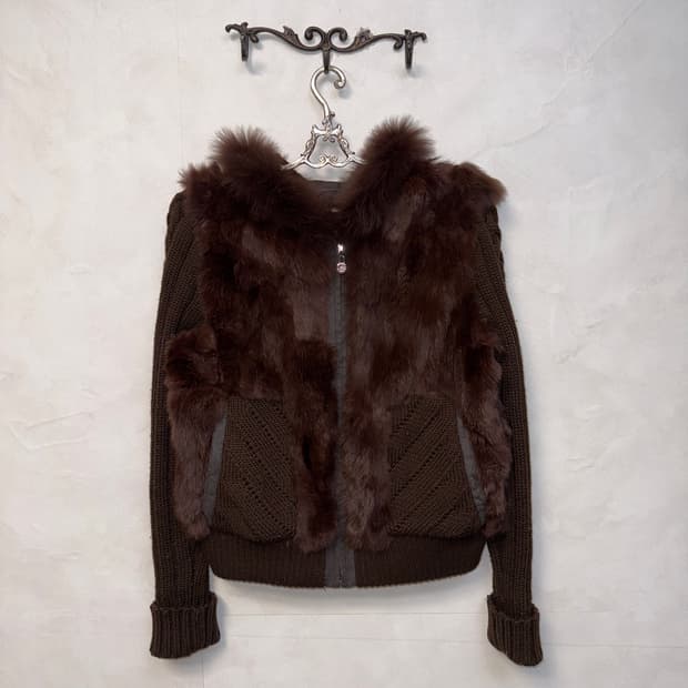 Dark brown rabbit&fox fur knit 후드집업