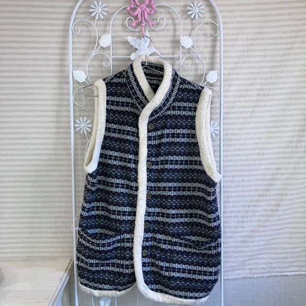 빈티지 블랙 우드 양털 조끼 y2k 스트릿 갸루 펑키 일본빈티지