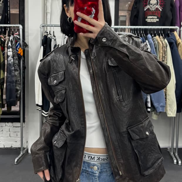 VTG 넥버클 브라운 가죽 자켓