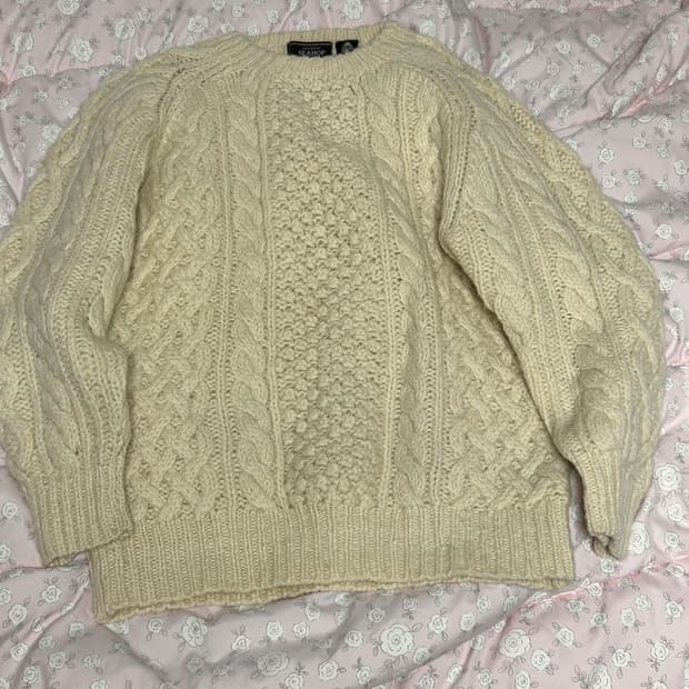 아이보리 베이지 꽈배기 피셔맨 울100니트