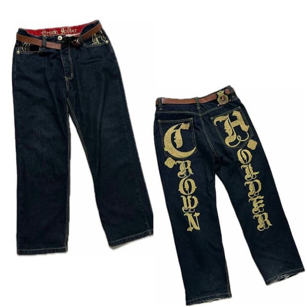 크라운홀더 자수 흑청 데님팬츠