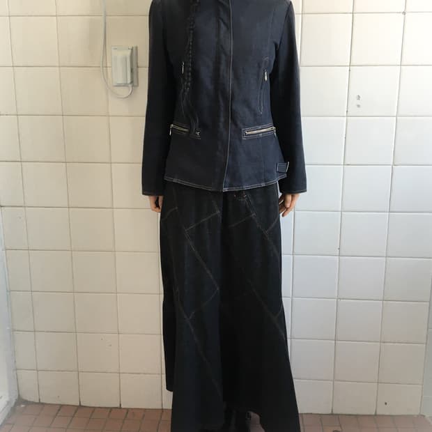 High neck denim zip up jacket