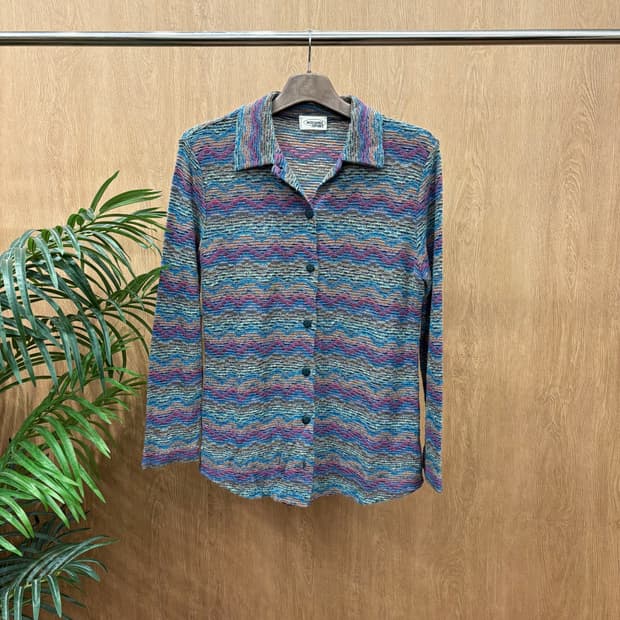 미쏘니 스포츠 클래식 셔츠 카라 니트 웨이브 패턴 버튼 디테일 블루