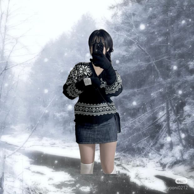 브이넥 노르딕 눈꽃 패턴스웨터