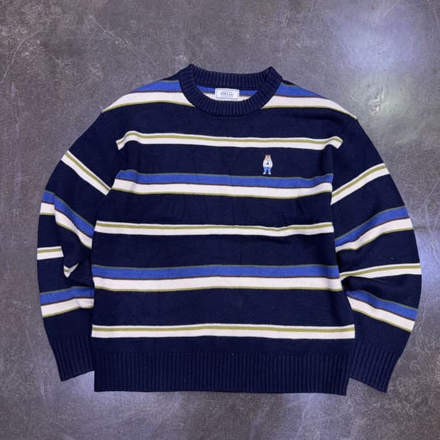 후아유 스티브 곰돌이 스트라이프 니트 스웨터 네이비 L
