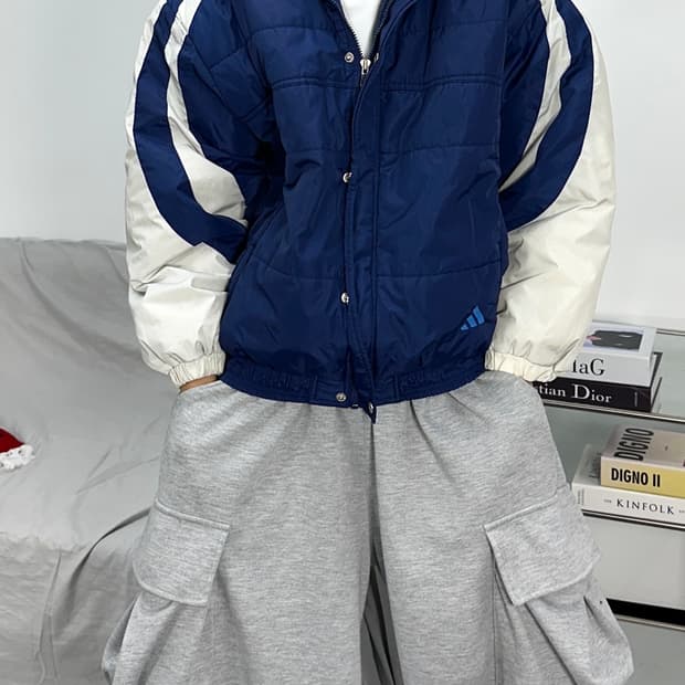 아디다스 90s 블루 배색 누빔 점퍼 XL