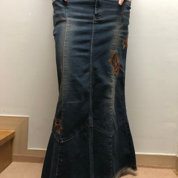 빈티지 데님 오리엔탈 플라워 롱 스커트