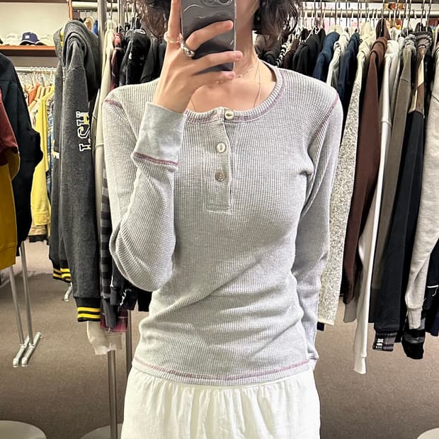 M)Japanese vintage 그레이 와플 헨리넥 롱슬리브