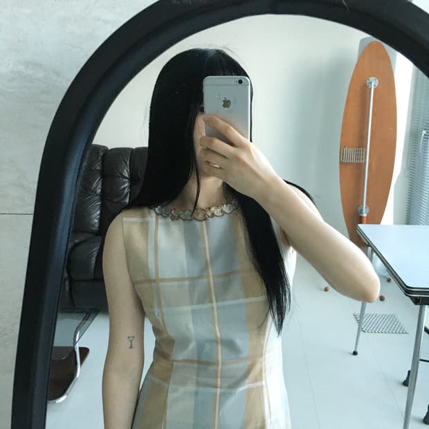 ruffle neck check midi dress