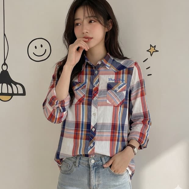 [S] 바디글로브(Body Glove) 자수 디테일 웨스턴 체크 셔츠
