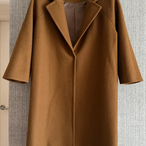 카멜 브라운 모혼방 카라 라글란 8부 소매 루즈핏 롱 코트 프리사이즈