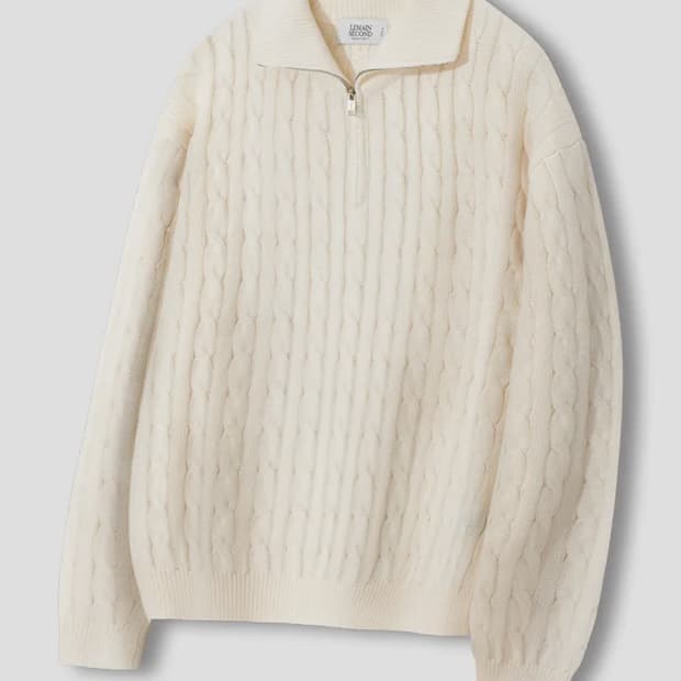리메인세컨드 오버핏 볼륨 워셔블 하프집업 케이블 니트 [아이보리]