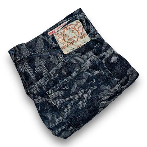 에비수 OG LOT 5500 카모플라쥬 패턴 로고 데님 팬츠