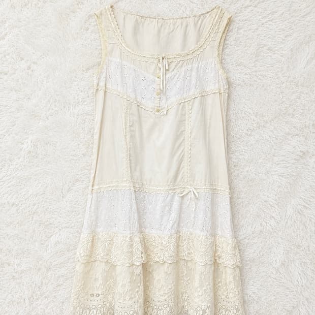 하나모토 일본 빈티지 레이스 리본 스퀘어넥 원피스 cream beige