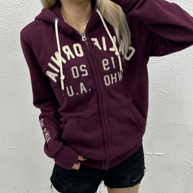 후아유 센터로고 딥버건디 후드집업 M