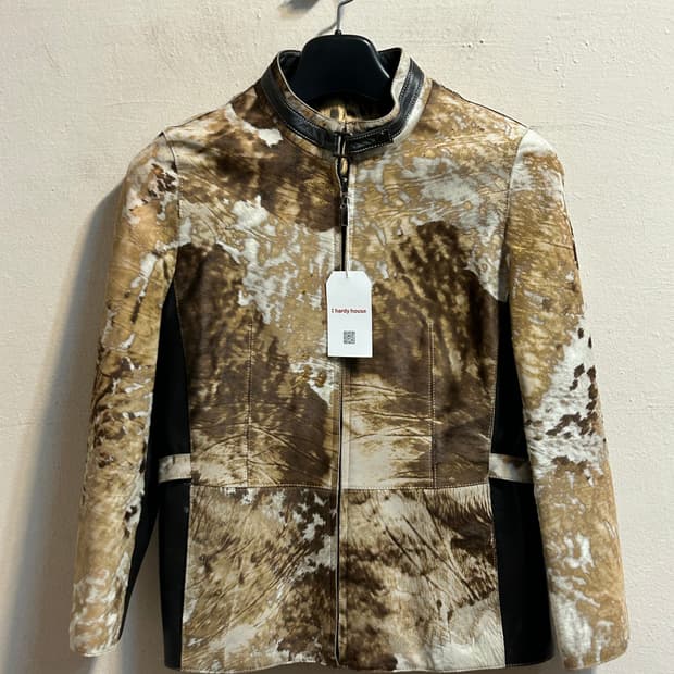 유즈드 카우헤어 패치워크 레더 하이넥 자켓