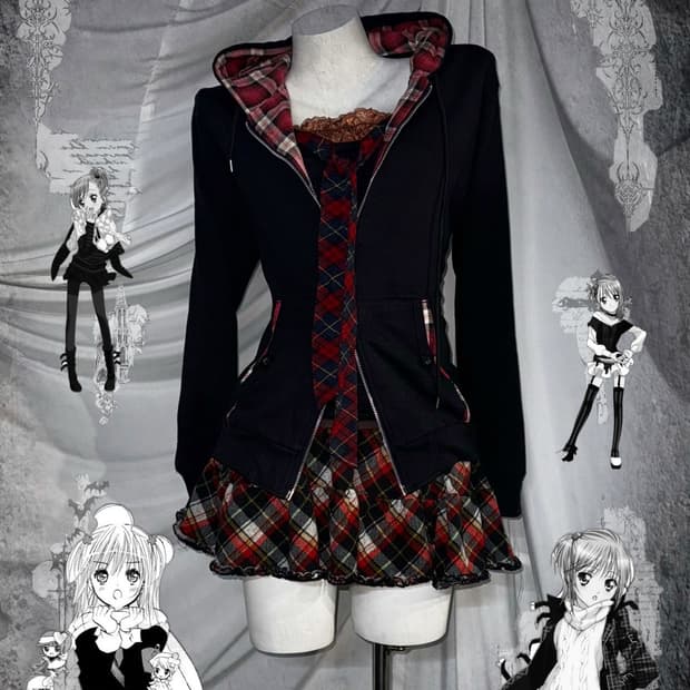 캐캐체 아무사복깔 무채색 레드체크 코디세트 