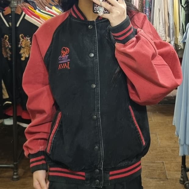 [Hi] vtg 빈티지 데님 바시티 자켓 레드